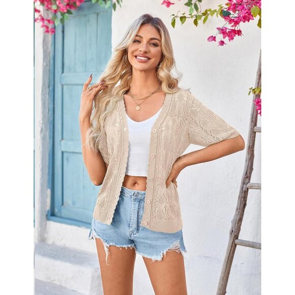 Women's Crochet Summer Cropped Cardigan Light Plus Size V-Neck Button - Picture 2 of 5